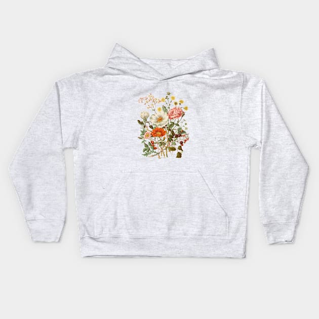 Rose & Wildflowers Vintage Botanical Illustration Kids Hoodie by Biophilia